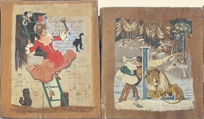 Deux tableaux représentant une femme et un chat sont accrochés au mur.