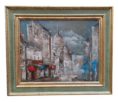 une peinture à l'huile représentant une scène de rue avec des bâtiments et des parapluies