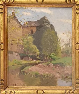 peinture à l'huile d'une scène de ferme dans un cadre doré