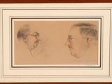 two drawings of a man with glasses and a man with a mustache
