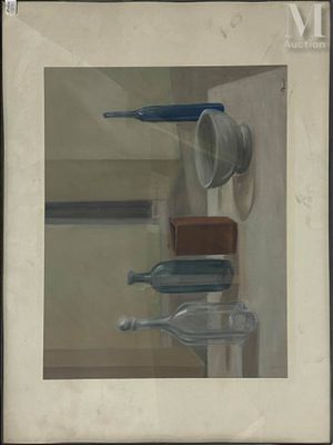 J. PLENET ? Nature morte aux bouteilles et coupes