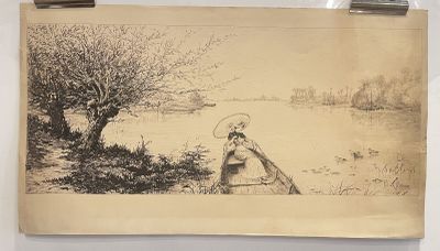 a drawing of a woman in a boat on the water