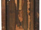 an old picture of a piece of wood with peeling paint on it