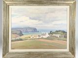 an image of a painting of a landscape with houses and a body of water in the distance