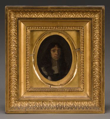 a painting of a woman in a gold frame with a black collar