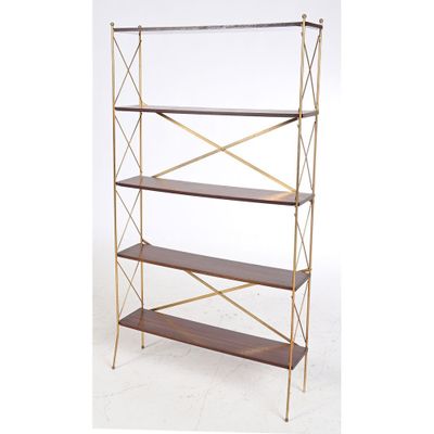 a metal and wood shelf with three shelves on each side