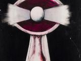 une image représentant une peinture d'une croix avec une boule au centre