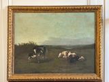 a picture of a painting of cows and sheep in a field