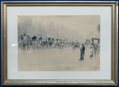 tableau représentant un groupe de personnes marchant dans une rue à côté d'une calèche