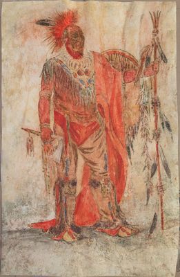 an image of a painting of a man in a red robe holding a spear