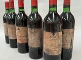six bottles of wine lined up in a row on a white surface