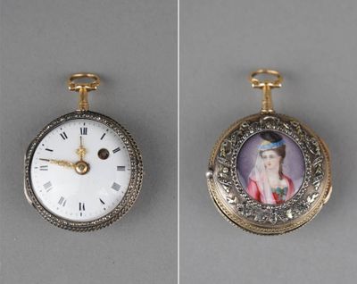 two different views of a gold plated pocket watch with a picture of a woman