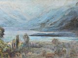 une image représentant un tableau représentant un paysage avec un lac et des montagnes en arrière-plan