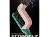 une vieille affiche représentant une brosse à dents et du dentifrice, avec un tube de dentifrice