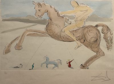dessin représentant un homme à cheval dans le désert, avec un chien à ses côtés