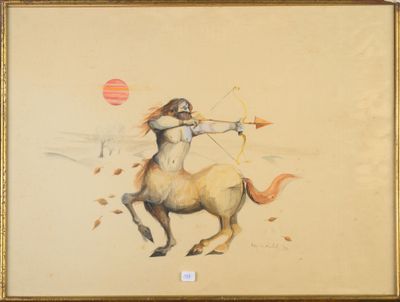 tableau représentant un homme à cheval, muni d'un arc et de flèches