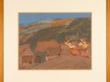 painting of a mountain scene with a table and chairs in the foreground