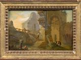 painting of a village scene with a man and a woman on a bridge