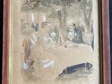 painting of a group of people sitting at a table in a garden