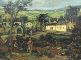 une peinture à l'huile représentant une scène de vie à la ferme avec un homme et une femme