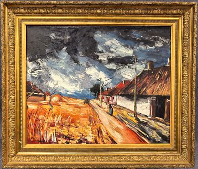 une peinture à l'huile représentant une scène de campagne avec un homme marchant sur la route