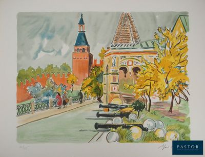 a watercolor painting of a city street with a clock tower in the background