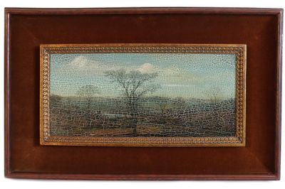 un tableau représentant un arbre dans un champ, avec le ciel en arrière-plan
