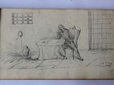 an old book with a drawing of a man sitting on a bed