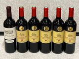 six bouteilles de vin rouge alignées sur un plan de travail