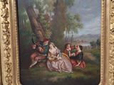 two framed paintings of children playing music in a wooded setting