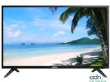 a television with a picture of a beach and palm trees on the screen