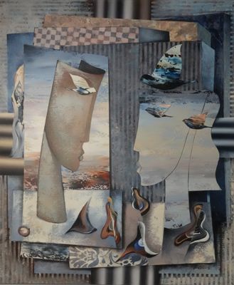 un tableau représentant la tête d'un homme et le visage d'une femme