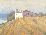 an image of a painting of a house in a field by the ocean