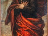 an old painting of a woman in a red dress