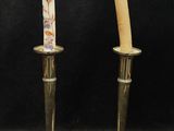 pair of antique brass candlesticks with hand painted floral designs