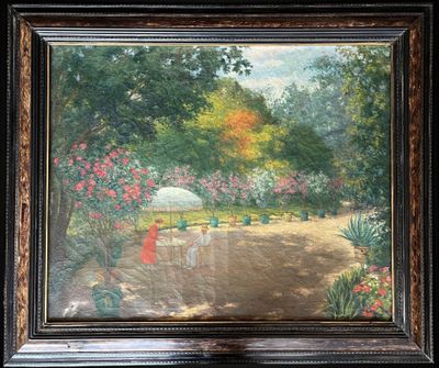 an oil painting of a garden scene with a bench and umbrella