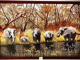 a painting of a family of elephants drinking water