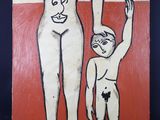un tableau représentant une femme et un enfant suspendus à une corde à linge