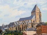 a painting of a church with a clock tower in the background