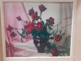 a picture of a painting of red roses in a vase