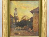 un tableau représentant un paysage avec une maison et des arbres en arrière-plan