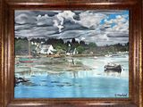 a painting of a boat on the water with a sky background