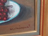 a painting of a bowl of cherries on a table