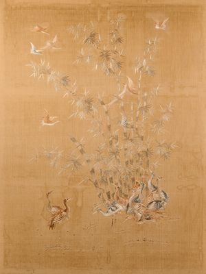 une image représentant une peinture d'oiseaux et de fleurs sur un fond beige