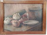 painting of a still life of onions, garlic, and other vegetables