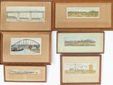 six framed pictures of a bridge over a body of water