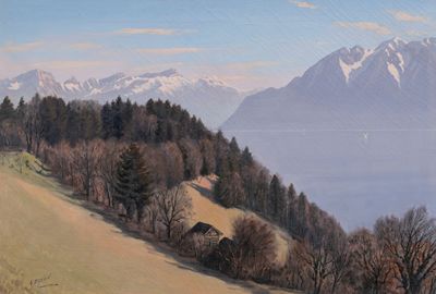 a painting of a view of a mountain range and a lake