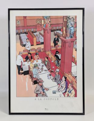 tableau encadré représentant une caricature d'un restaurant où un serveur sert des clients