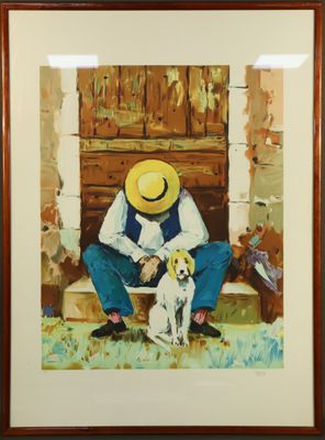 painting of a man sitting on a bench with a dog