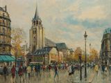 tableau représentant une scène de rue avec des passants et une église en arrière-plan